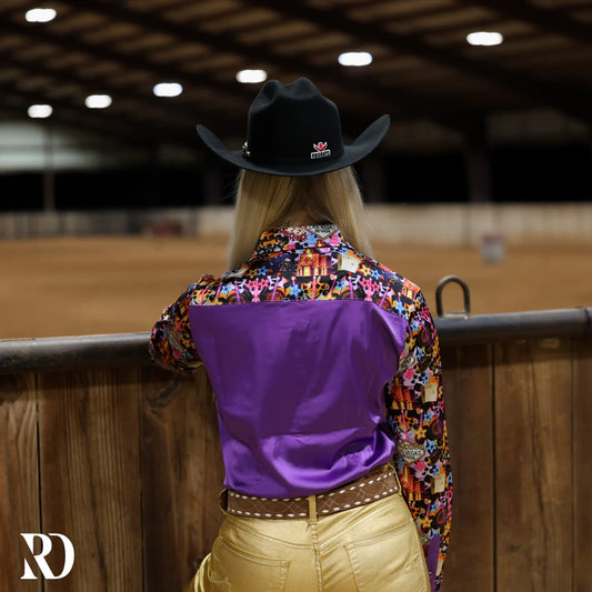 PURPLE VEGAS LIGHTS SATIN PERFORMANCE RODEO SHIRT