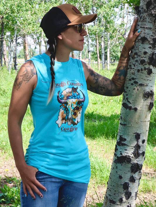Women's cow skull muscle T