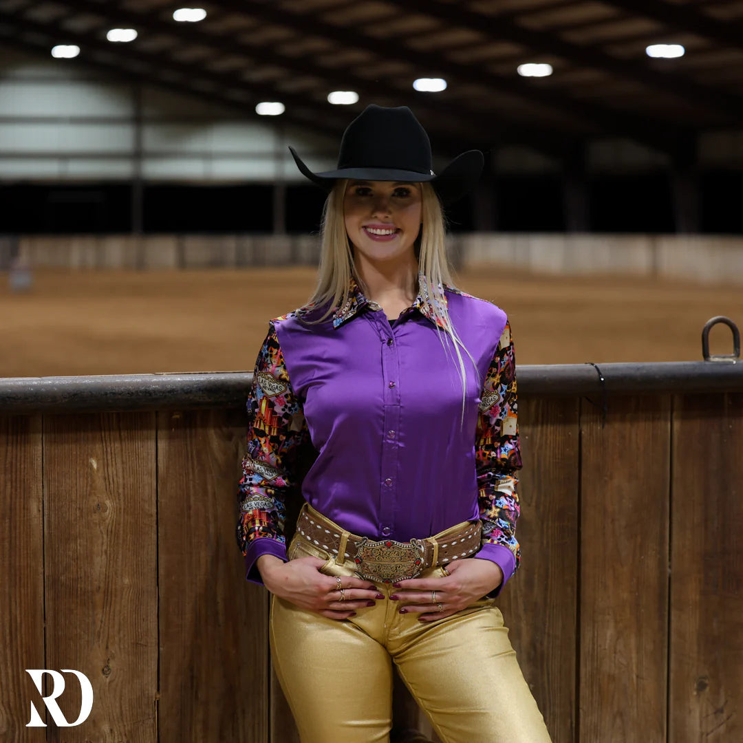 PURPLE VEGAS LIGHTS SATIN PERFORMANCE RODEO SHIRT